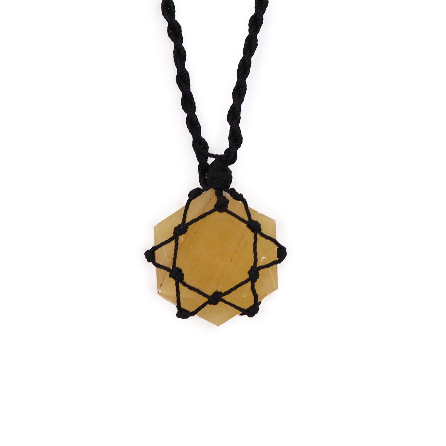 A hexagonal yellow quartz gemstone pendant featuring a delicate laced silver-style wire wrap design.