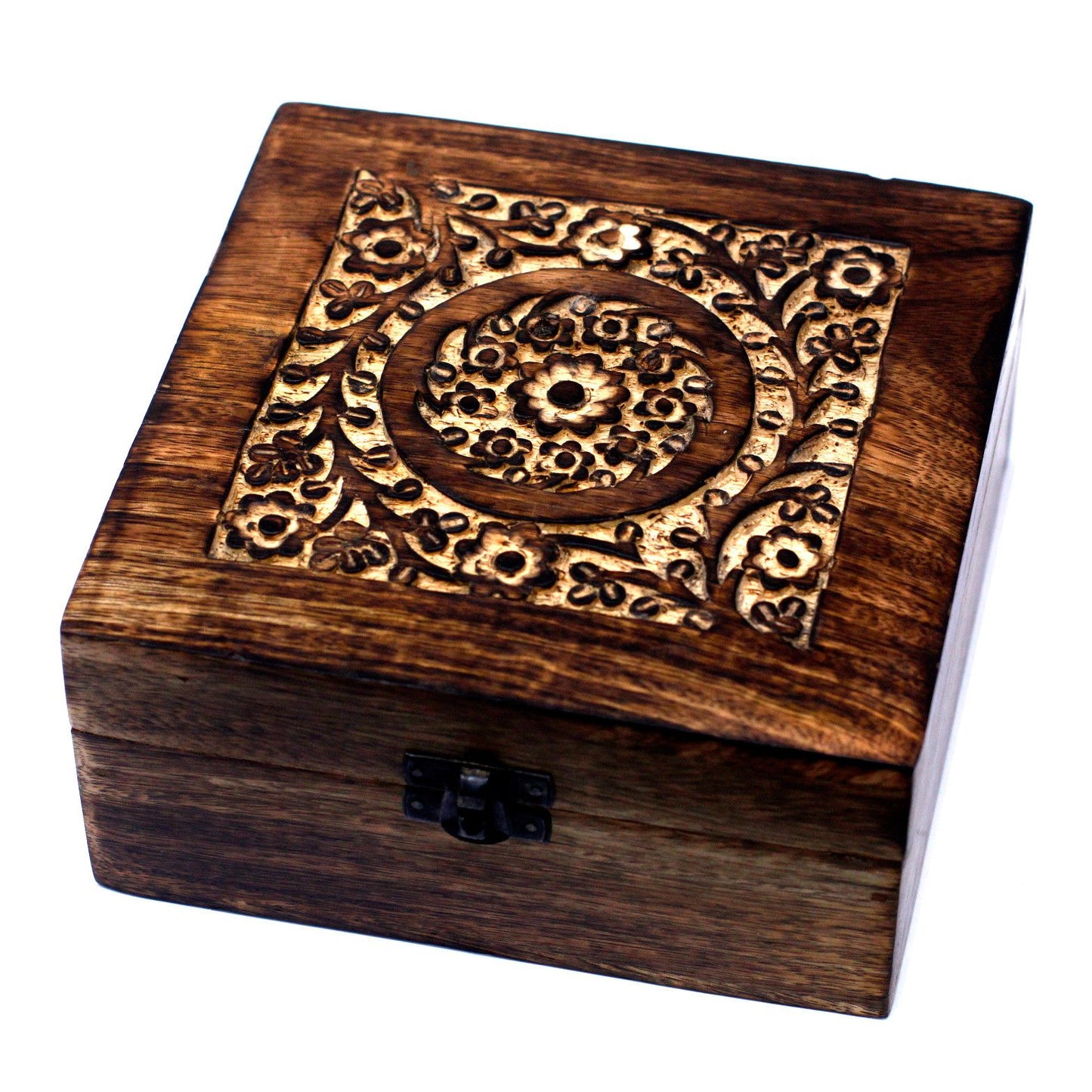 Hand-carved mango wood storage box with intricate floral designs and internal compartments for essential oil bottles.
