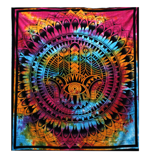 Large blue and white cotton bedspread featuring a central Hamsa Hand symbol with intricate patterns.