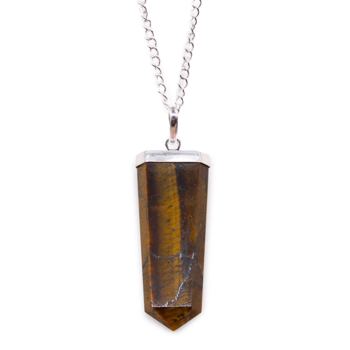 Elegant flat pencil-shaped tiger eye gemstone pendant with characteristic golden-brown chatoyant bands.