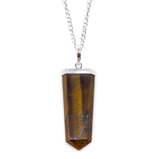 Elegant flat pencil-shaped tiger eye gemstone pendant with characteristic golden-brown chatoyant bands.