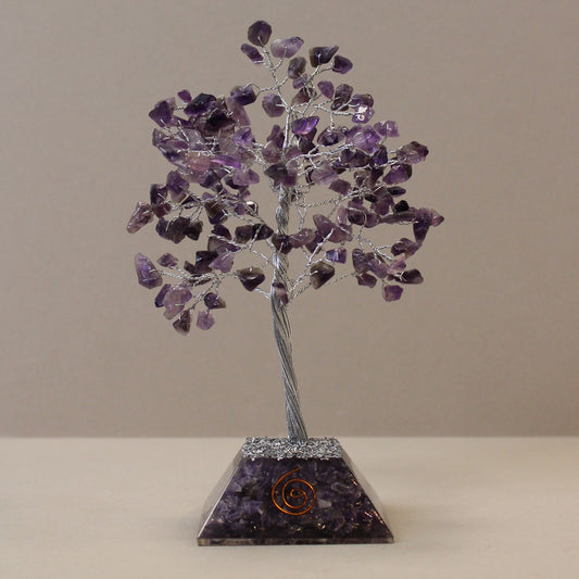 Handcrafted Amethyst gemstone tree with 160 tumbled stones on a pyramid-shaped orgonite base.