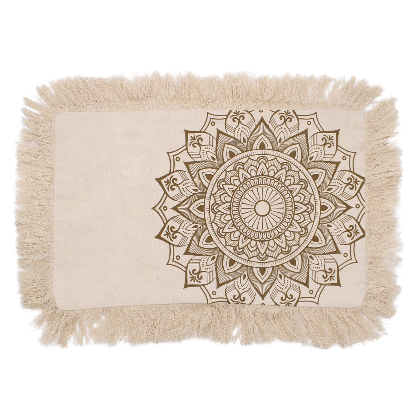 Rectangular bronze cushion featuring a detailed white lotus mandala pattern on a metallic-toned fabric.