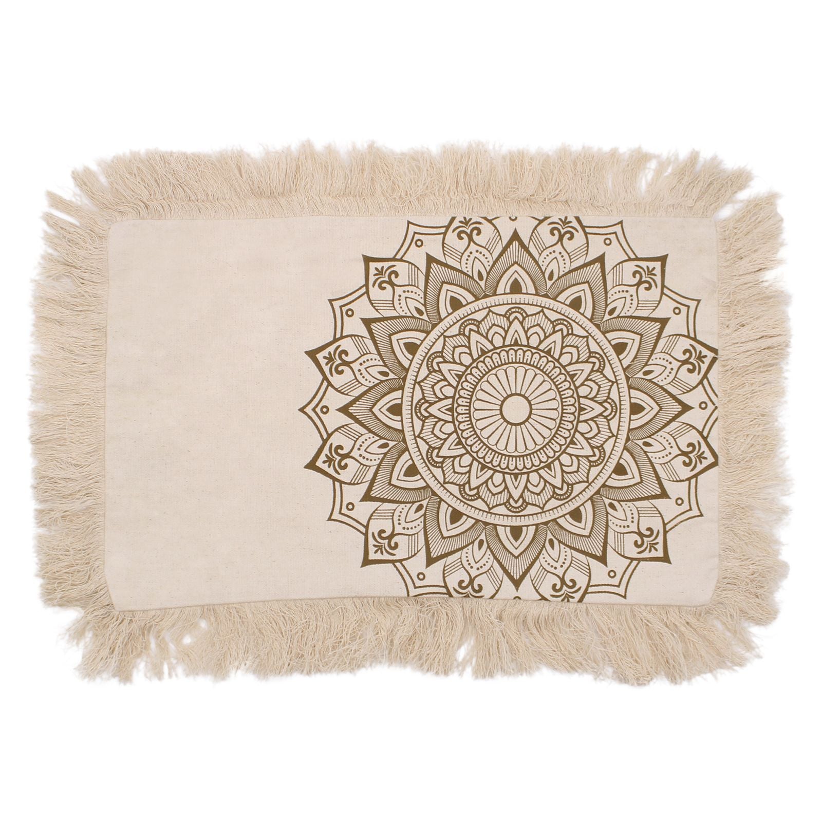 Rectangular bronze cushion featuring a detailed white lotus mandala pattern on a metallic-toned fabric.