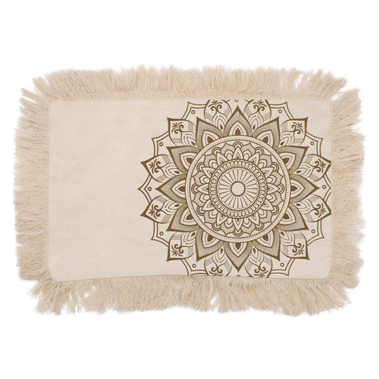 Rectangular bronze cushion featuring a detailed white lotus mandala pattern on a metallic-toned fabric.