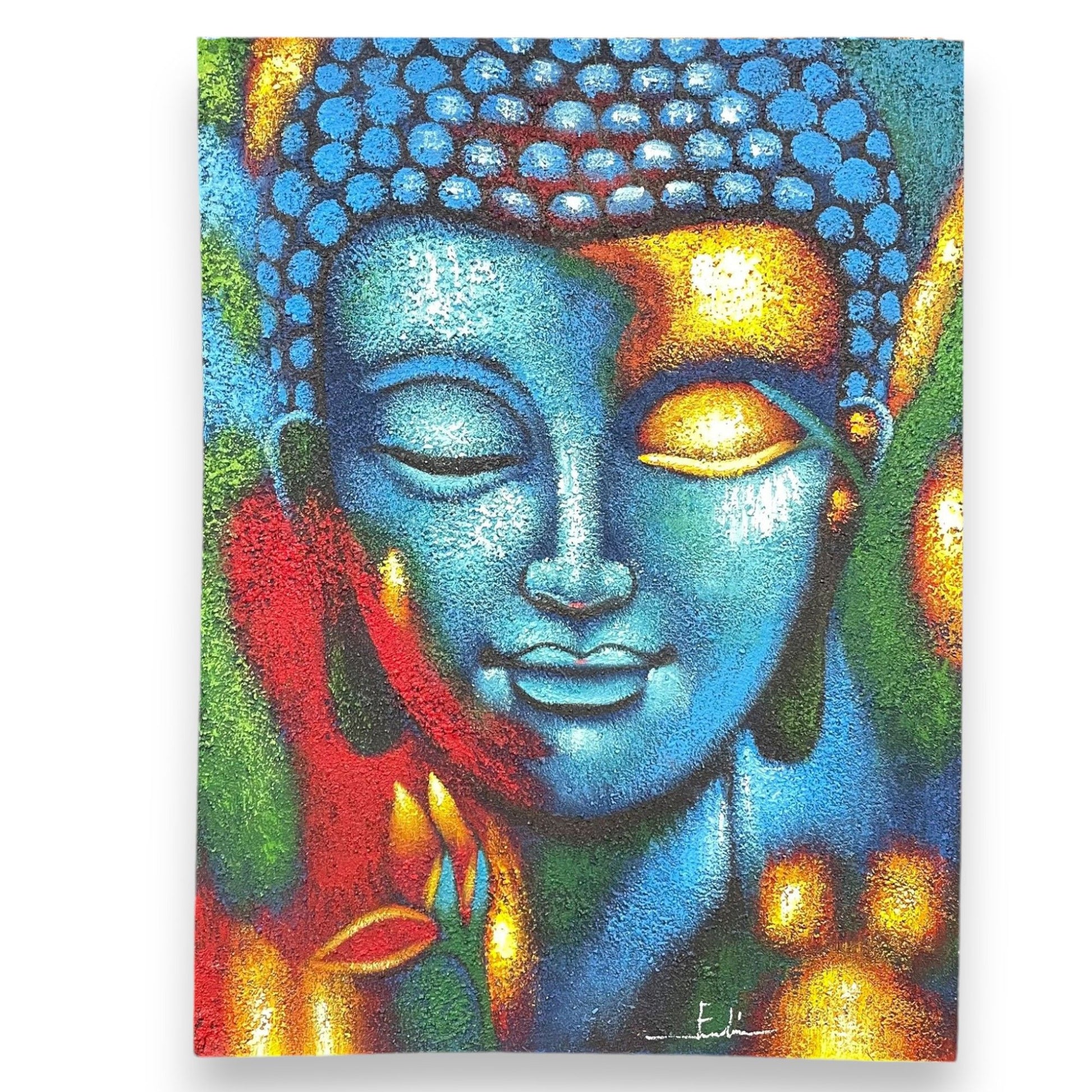 Striking Buddha painting featuring a serene face in blue and gold hues with a radiant golden flower accent.