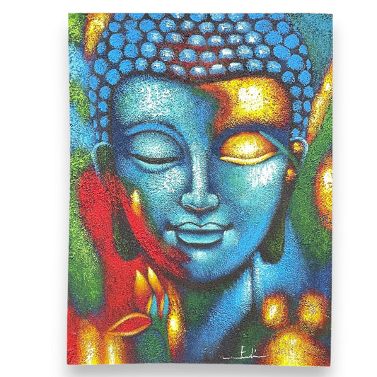 Striking Buddha painting featuring a serene face in blue and gold hues with a radiant golden flower accent.