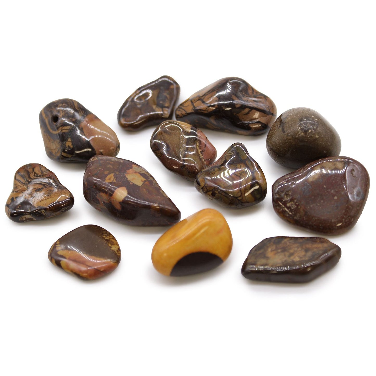 Smooth medium-sized African tumble stones with unique earth-toned patterns and a polished finish.