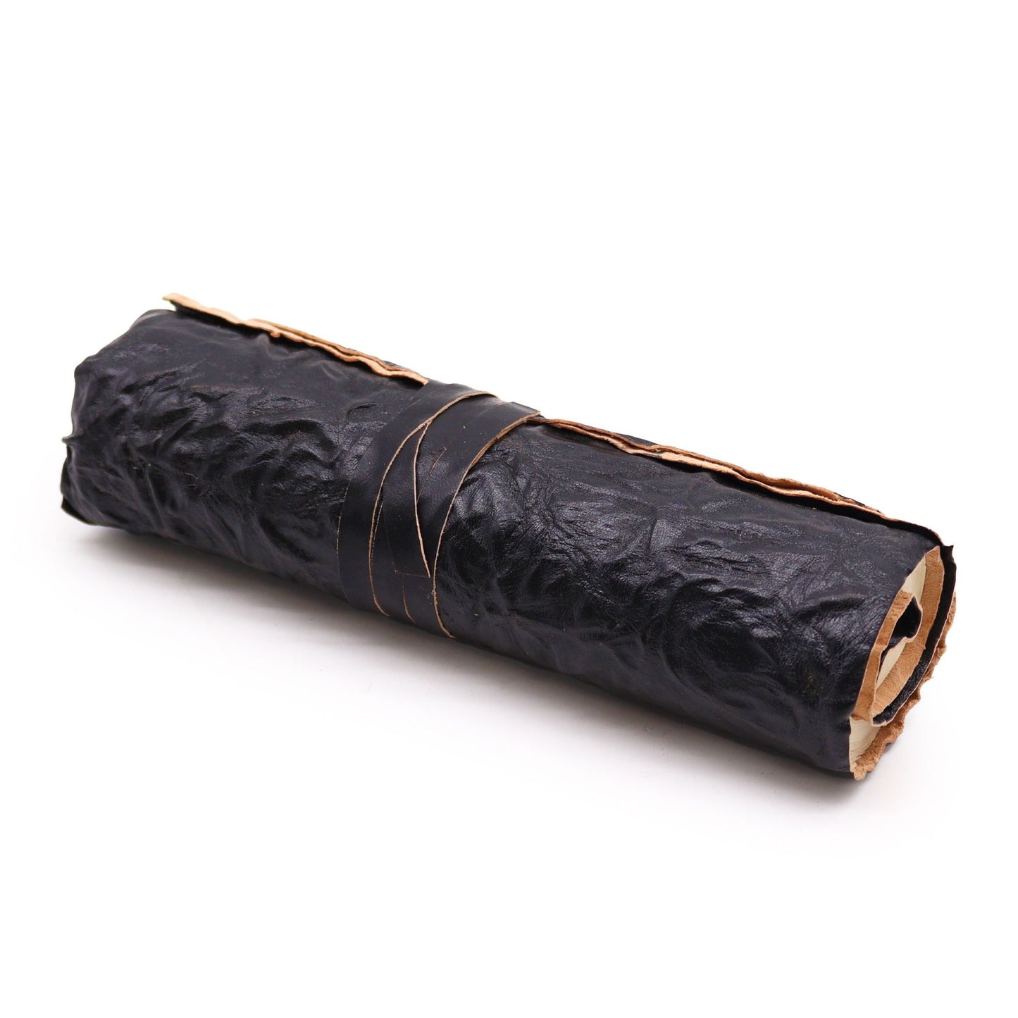 Sophisticated black rolled leather notebook with a secure wrap-around tie closure on a neutral background.