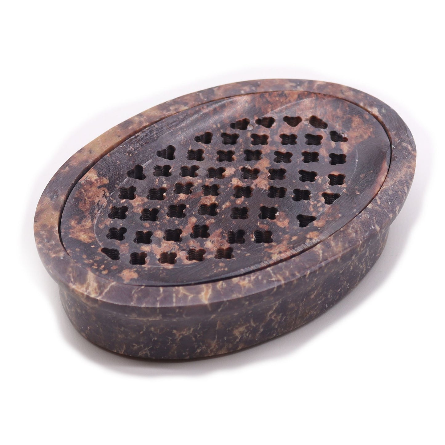 Handcrafted oval soapstone soap dish with a removable slotted drainer insert in a natural grey mottled finish.