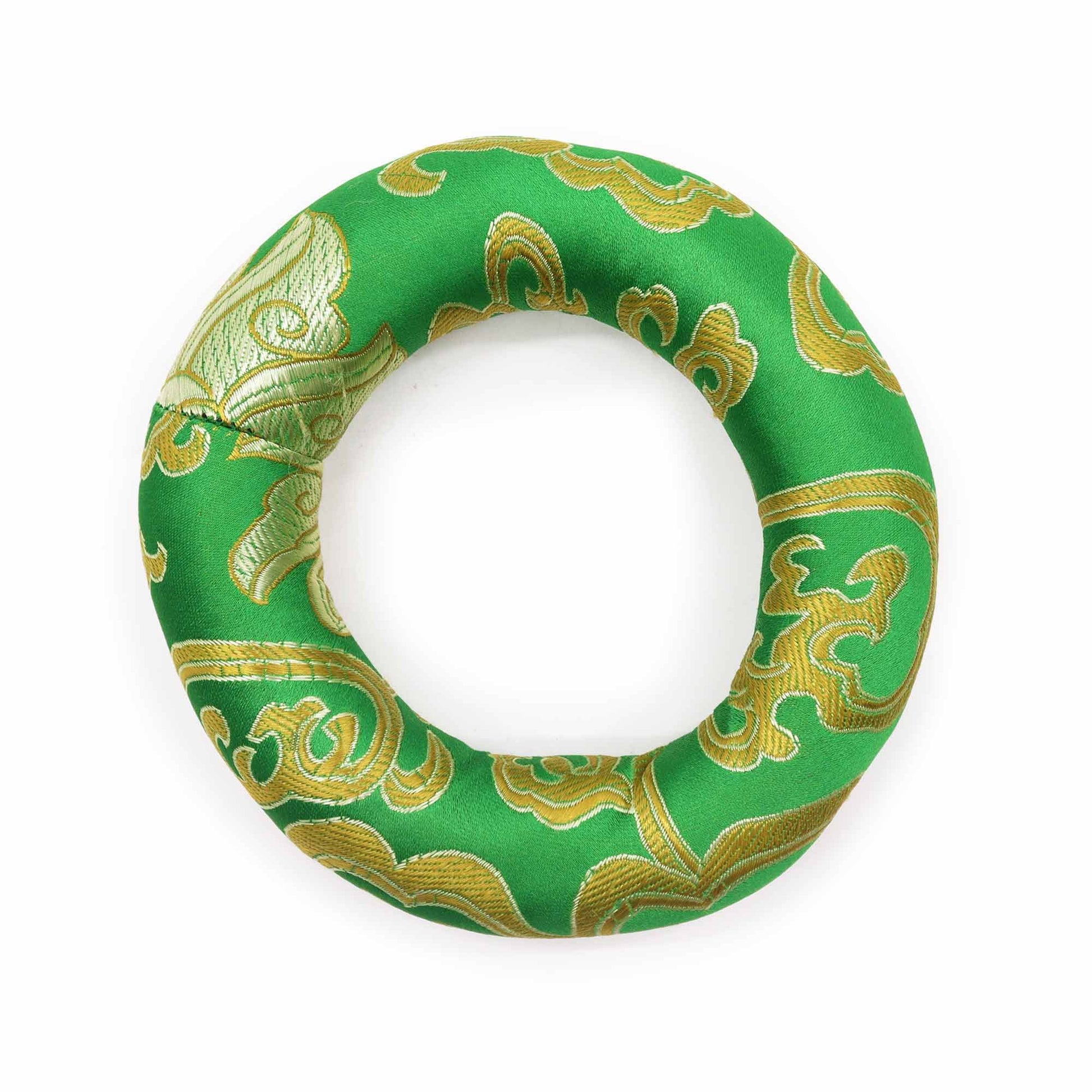 Circular green fabric hoop cushion designed for supporting small meditation singing bowls.