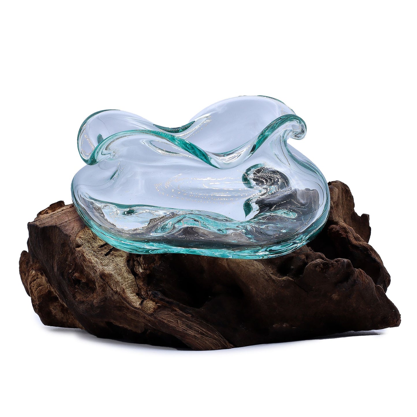 Unique 18cm wavy molten glass bowl hand-blown over a natural organic gamal wood base.