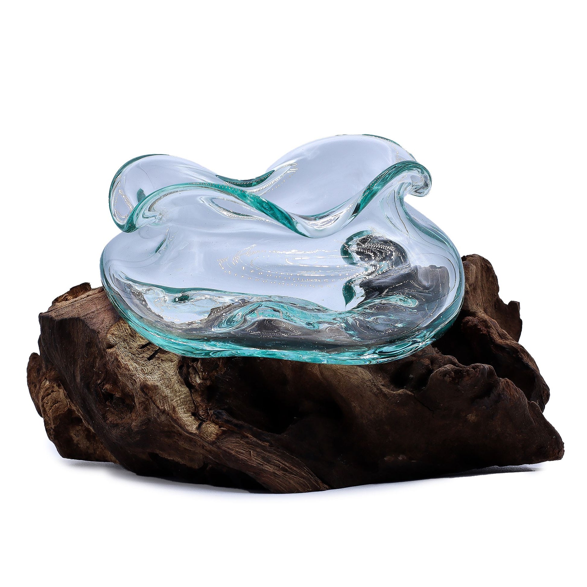 Unique 18cm wavy molten glass bowl hand-blown over a natural organic gamal wood base.