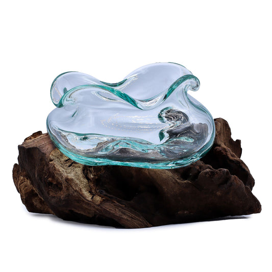 Unique 18cm wavy molten glass bowl hand-blown over a natural organic gamal wood base.