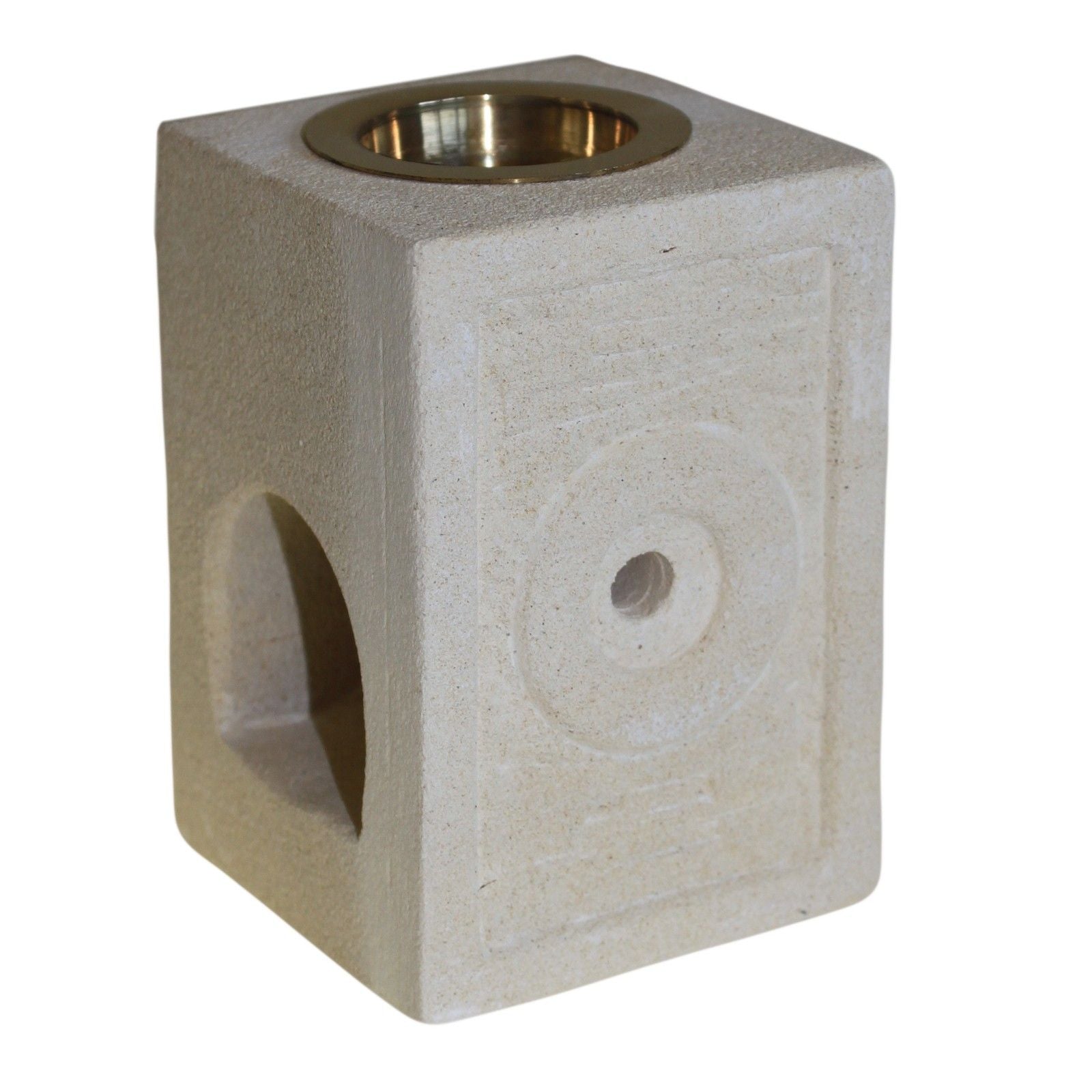 Hand-carved square sandstone oil burner with an intricate Moorish pattern and a hollow centre for a tealight.