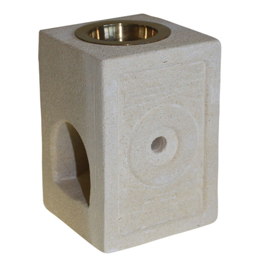 Hand-carved square sandstone oil burner with an intricate Moorish pattern and a hollow centre for a tealight.