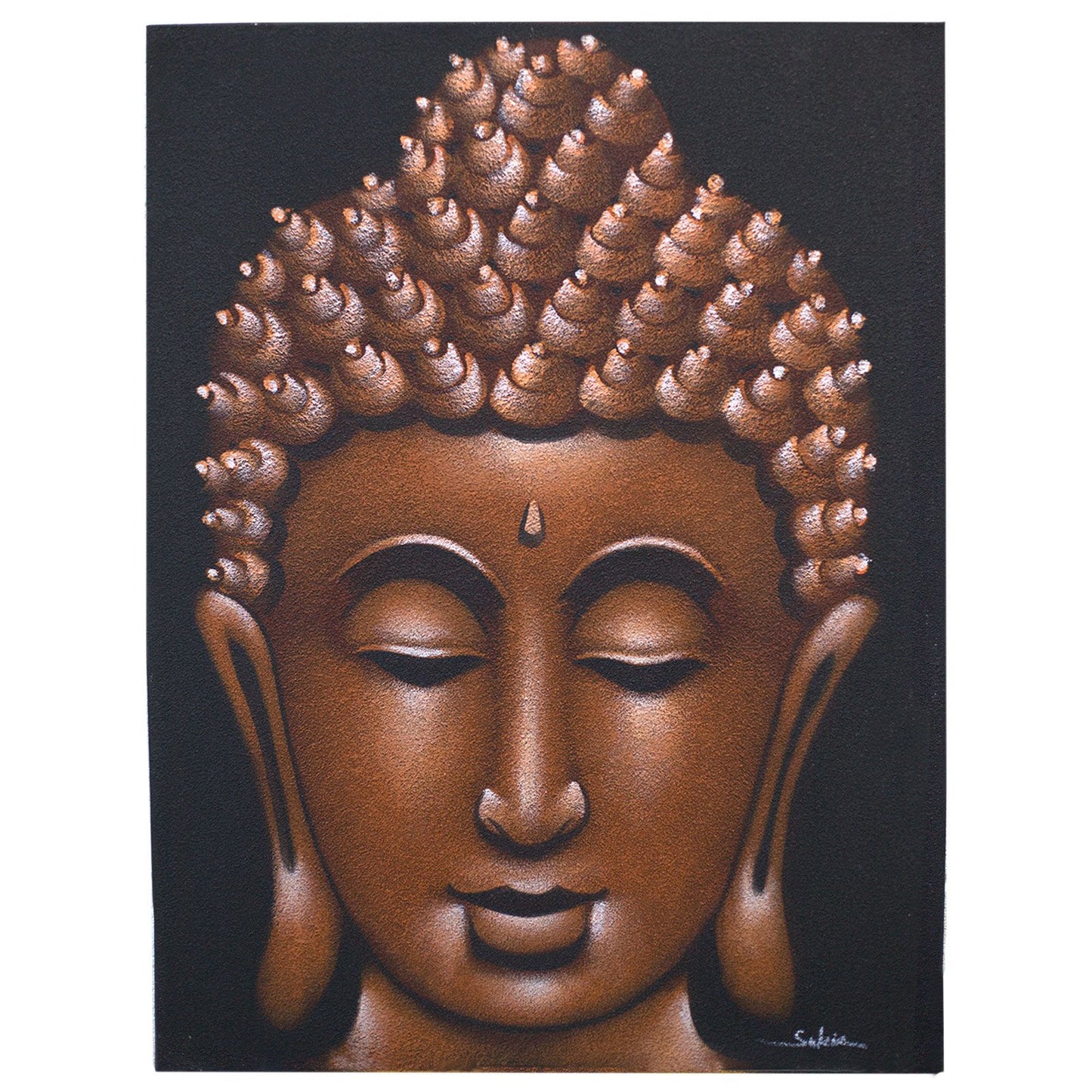 Handmade Buddha painting with a textured copper sand finish on canvas with a natural wooden frame.