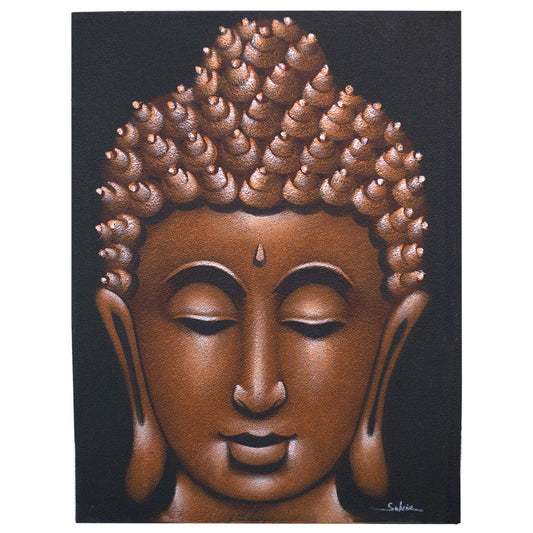 Handmade Buddha painting with a textured copper sand finish on canvas with a natural wooden frame.
