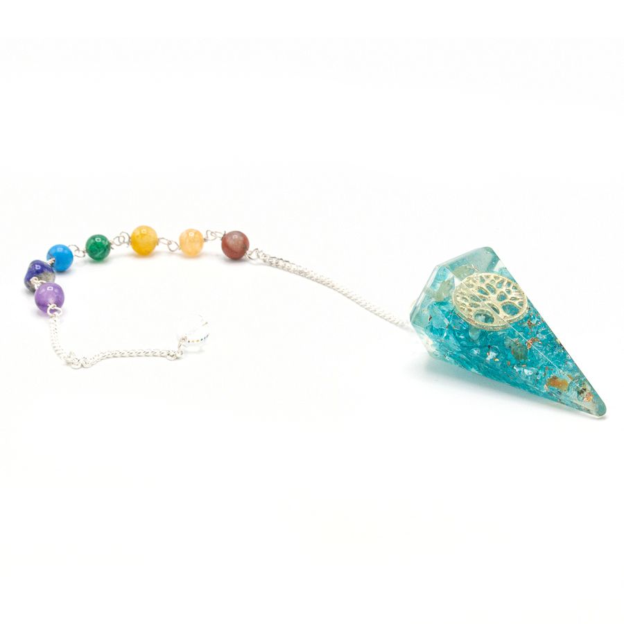 Handcrafted orgonite chakra pendulum featuring a metallic Tree of Life symbol and vibrant multi-coloured layers.