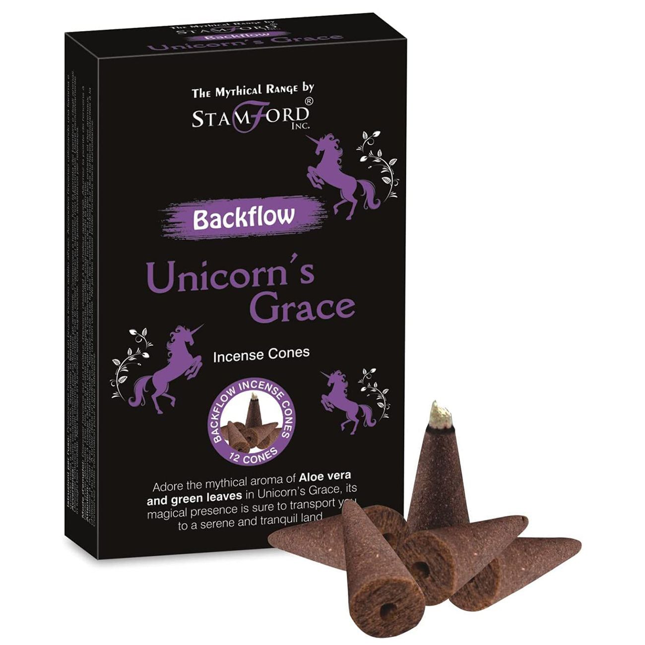 Decorative box of mythical backflow incense cones featuring a majestic unicorn design.