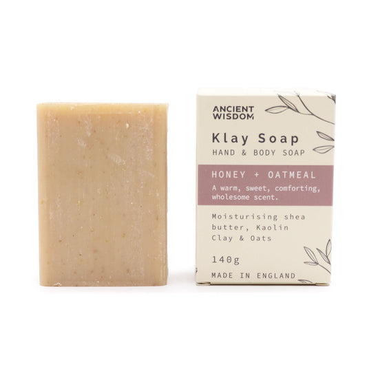 Handcrafted textured bar soap infused with real oatmeal and pale Kaolin clay.