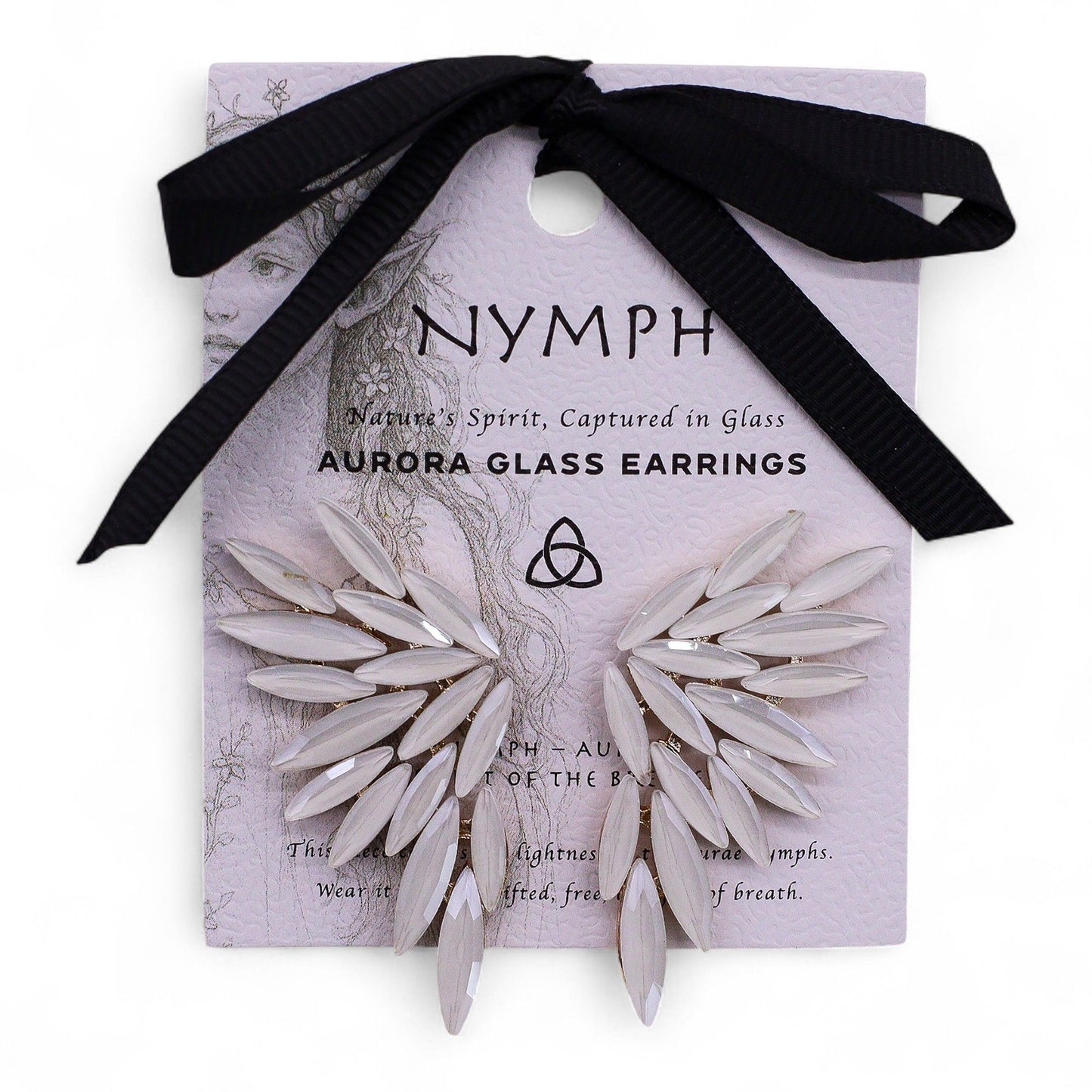 Delicate stainless steel angel wing earrings cradling shimmering pearl-coloured vintage glass details.