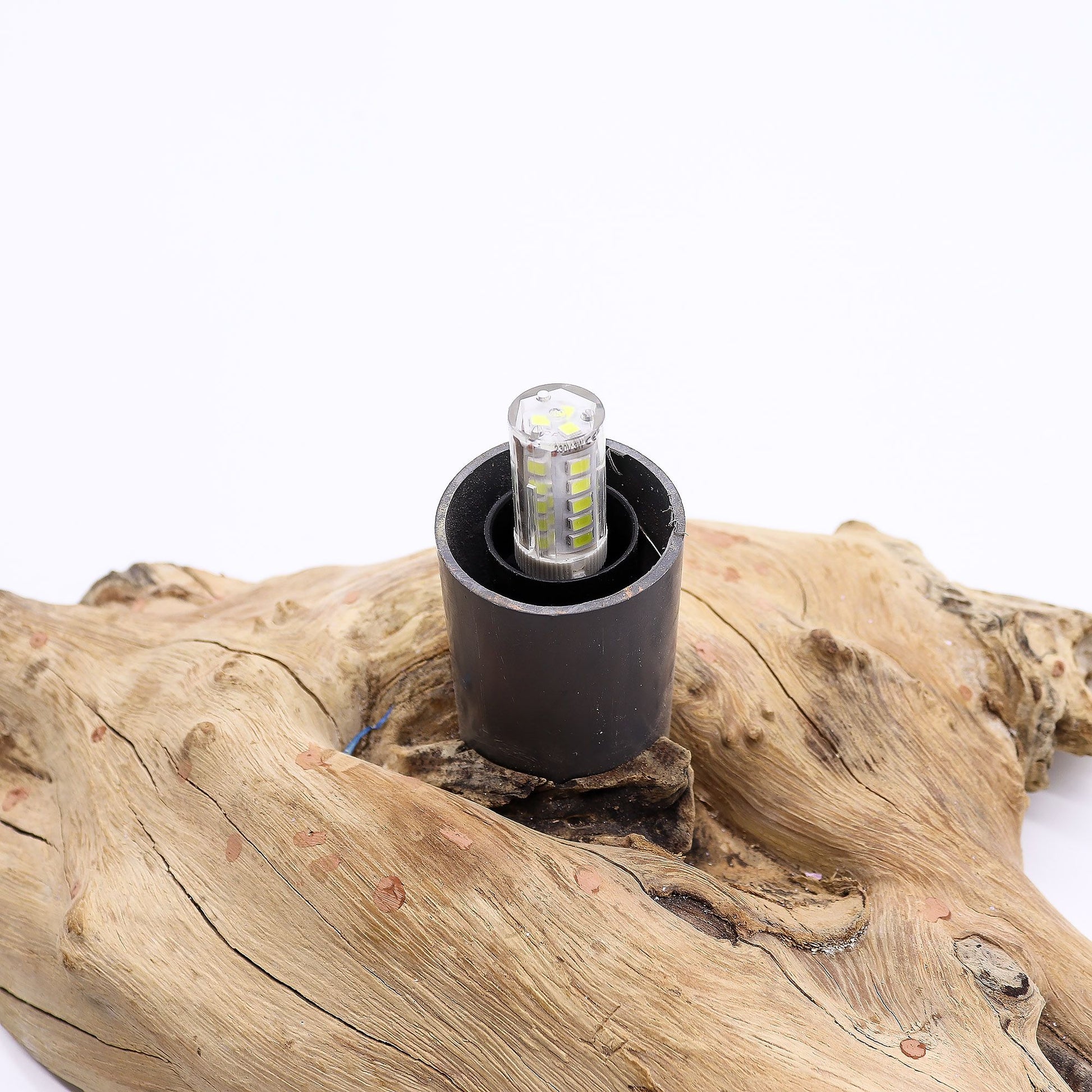 Orange egg-shaped lamp with a crackle finish resting on a natural Indonesian driftwood base.
