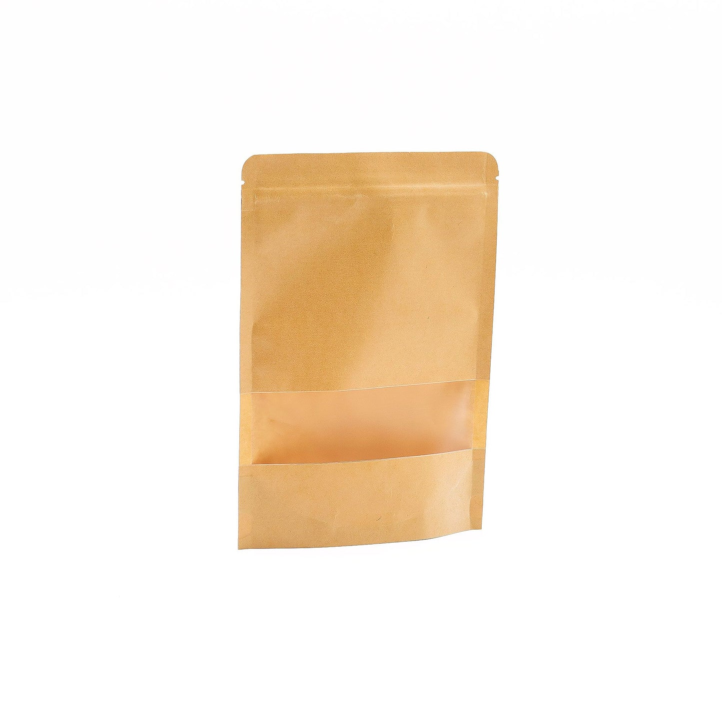 Eco-friendly brown kraft paper bag with a clear rectangular viewing window and a natural textured finish.