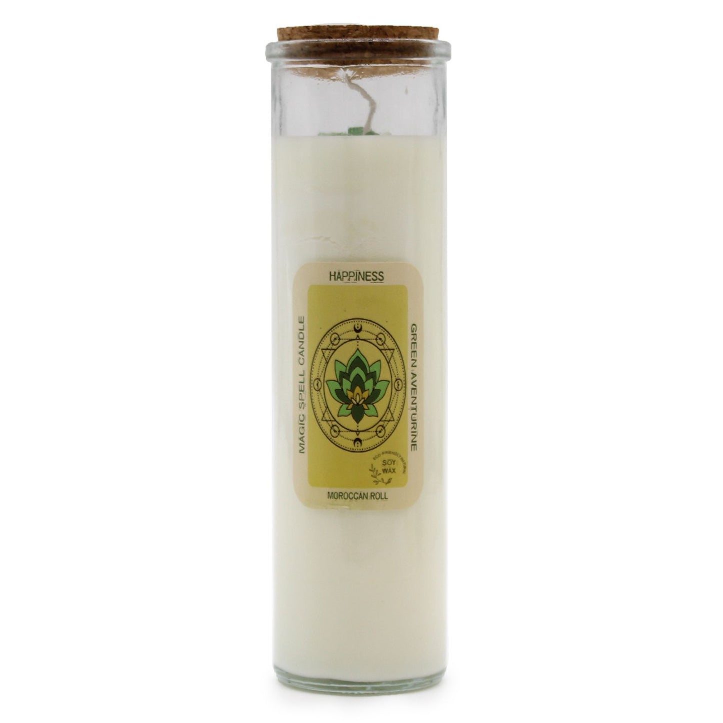 Green soy wax candle topped with green aventurine gemstones and dried rose petals in a glass jar.