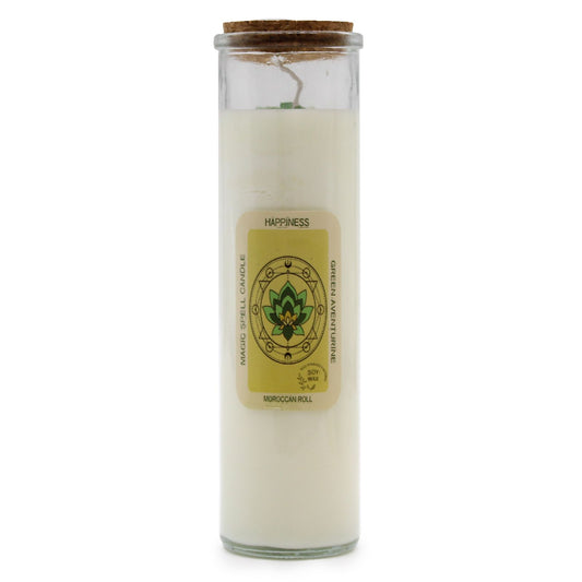Green soy wax candle topped with green aventurine gemstones and dried rose petals in a glass jar.
