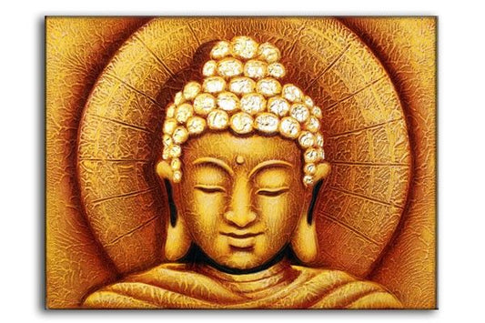 Large hand-painted golden Sun Buddha canvas art with intricate details on a dark background.
