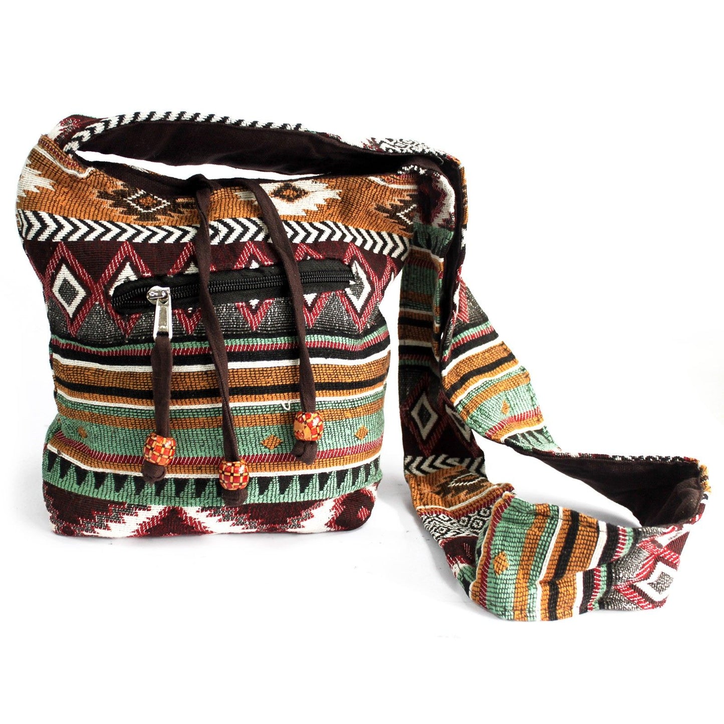 Ethnic chocolate brown jacquard fabric sling bag with a patterned strap and a relaxed, bohemian design.