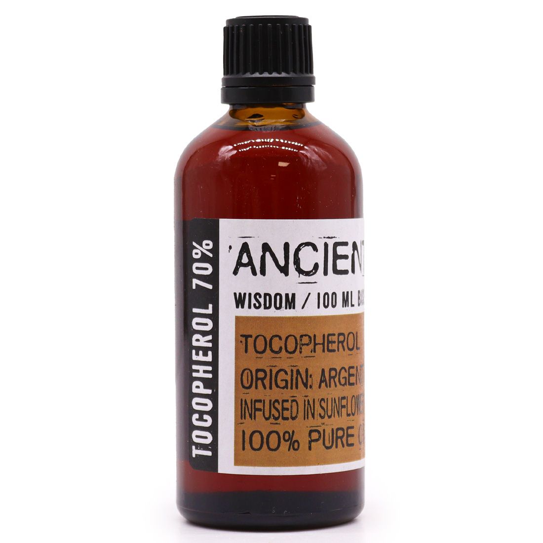 Clear bottle of liquid Tocopherol Vitamin E oil used as a base carrier oil for skincare and aromatherapy.