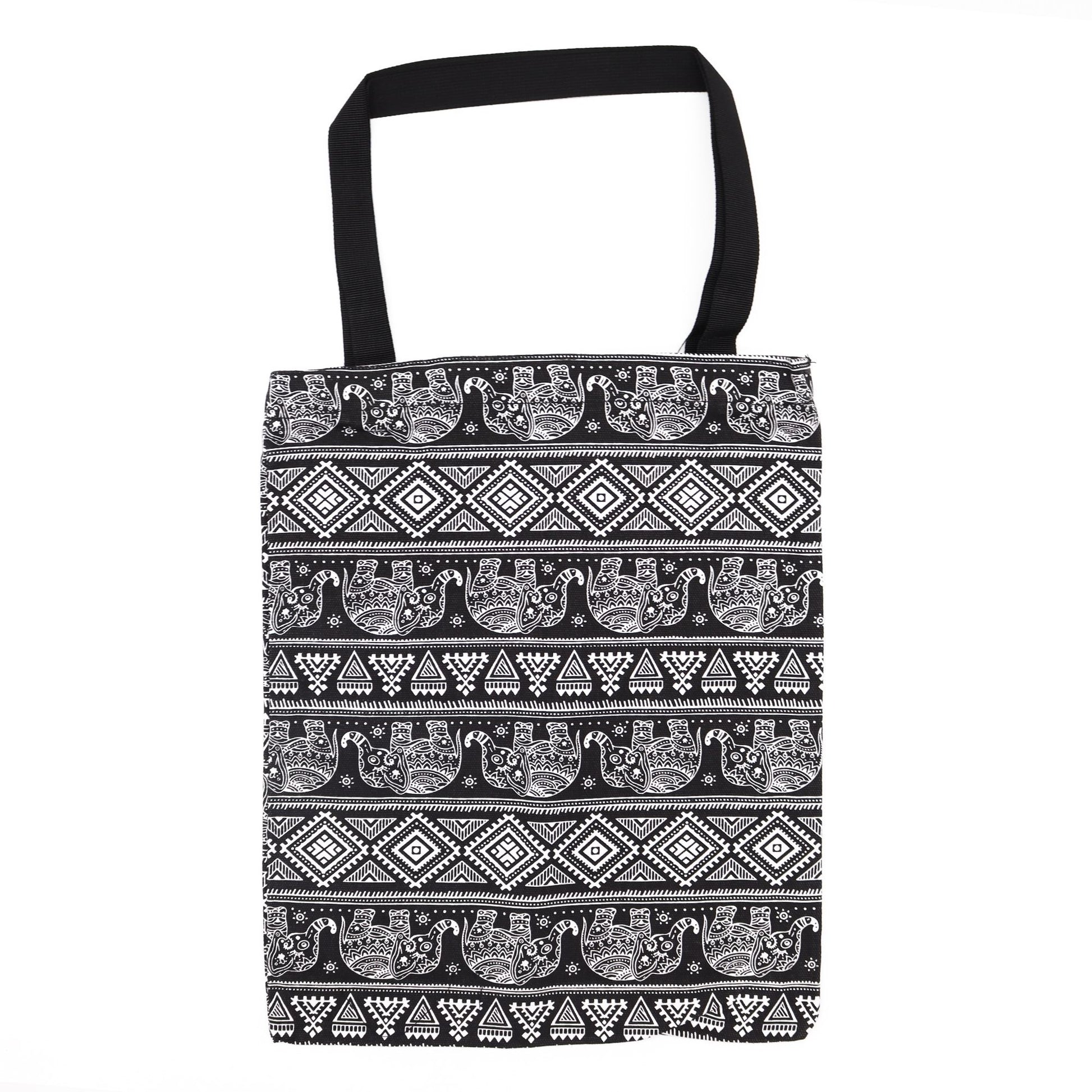Classic tote bag with a vibrant elephant motif pattern and a secure top zipper.