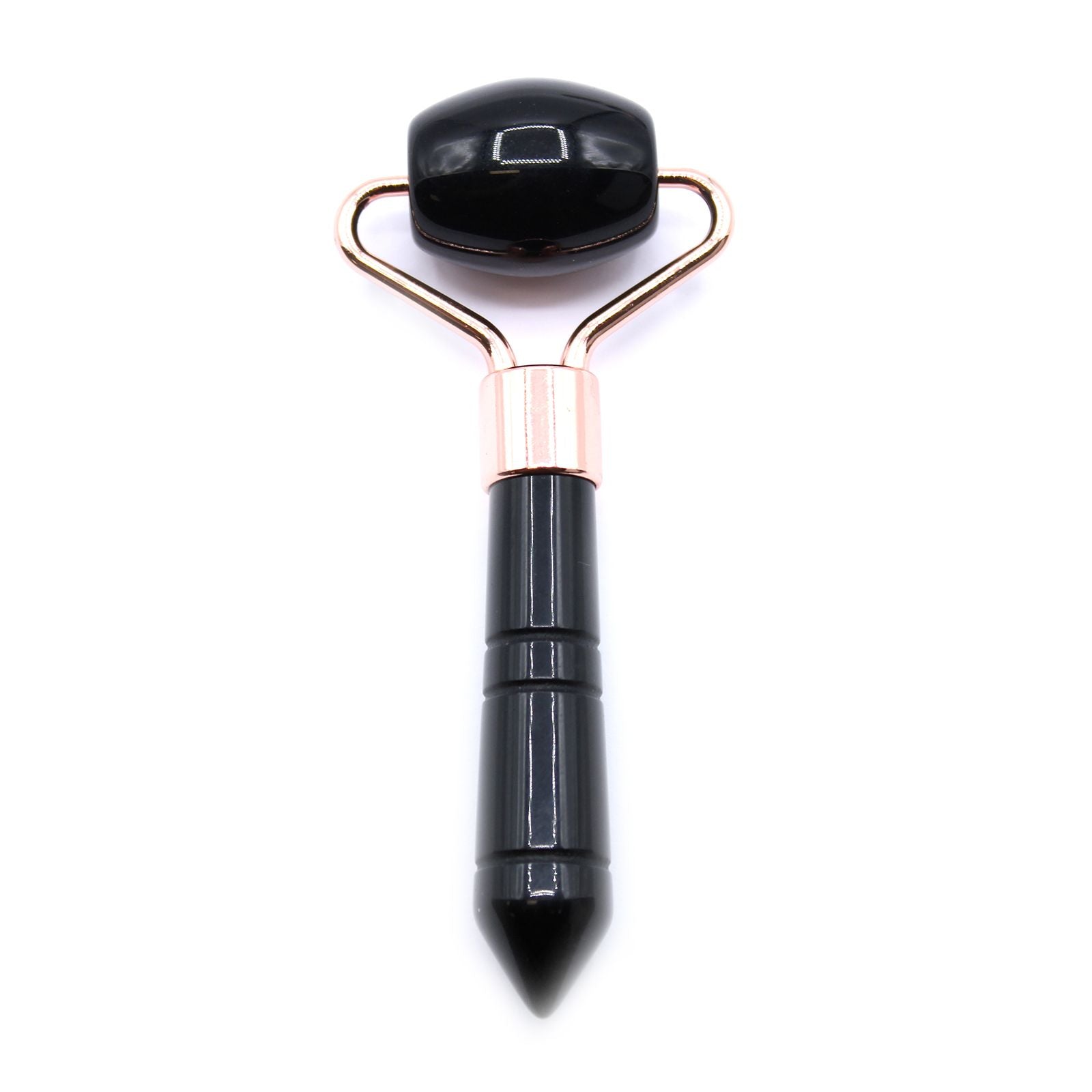 Miniature black obsidian gemstone face roller with a smooth polished finish and silver-toned metal frame.