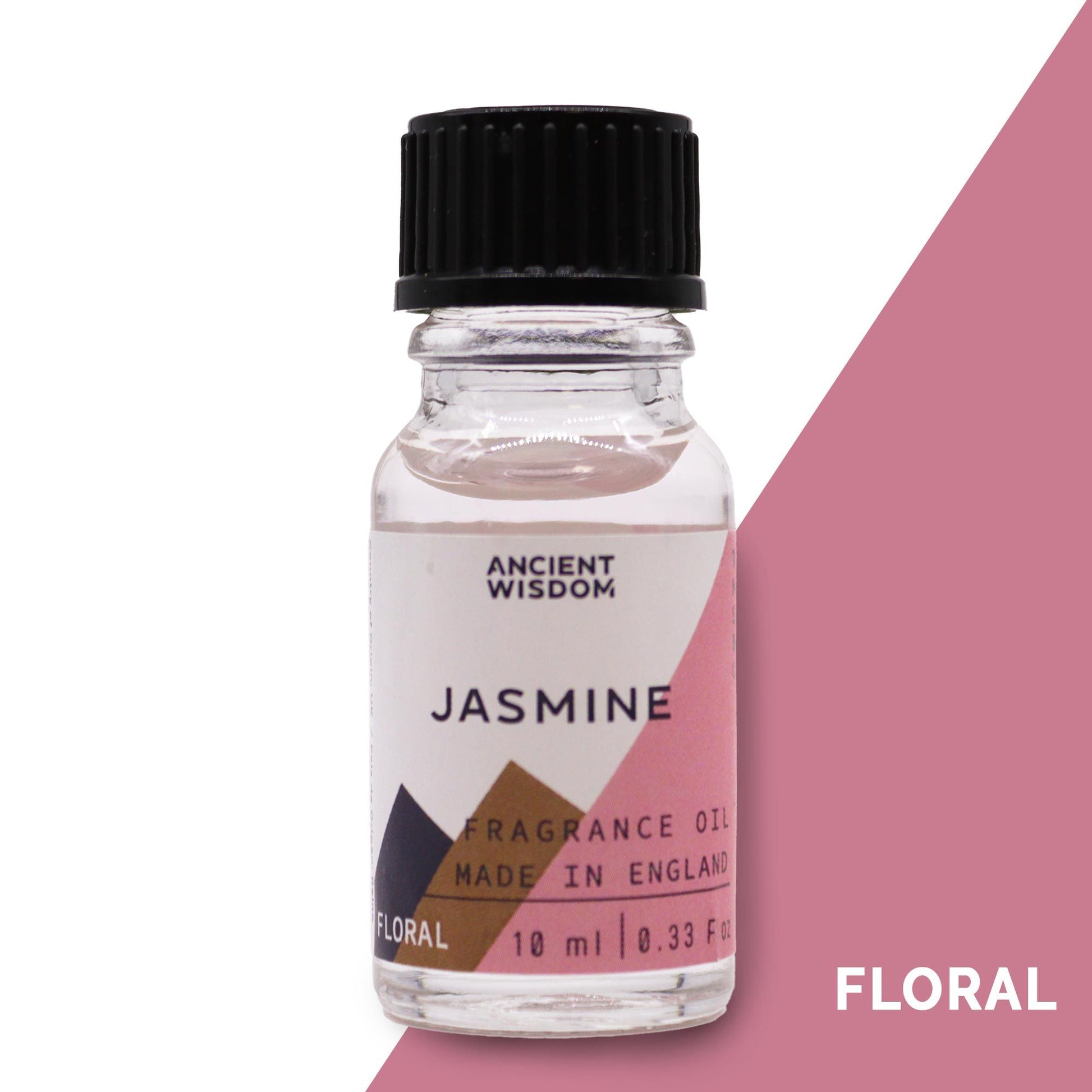 A small 10ml amber glass bottle of jasmine fragrance oil with a black dropper cap.