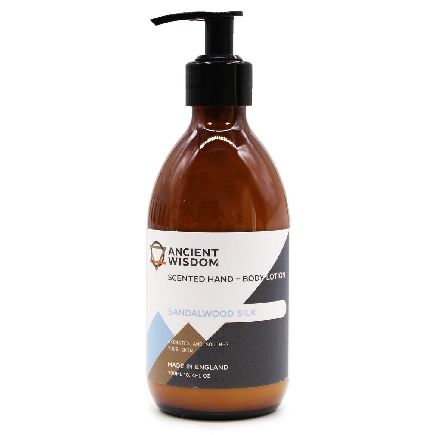 A 300ml bottle of rich, creamy sandalwood silk hand and body lotion with a minimalist label design.