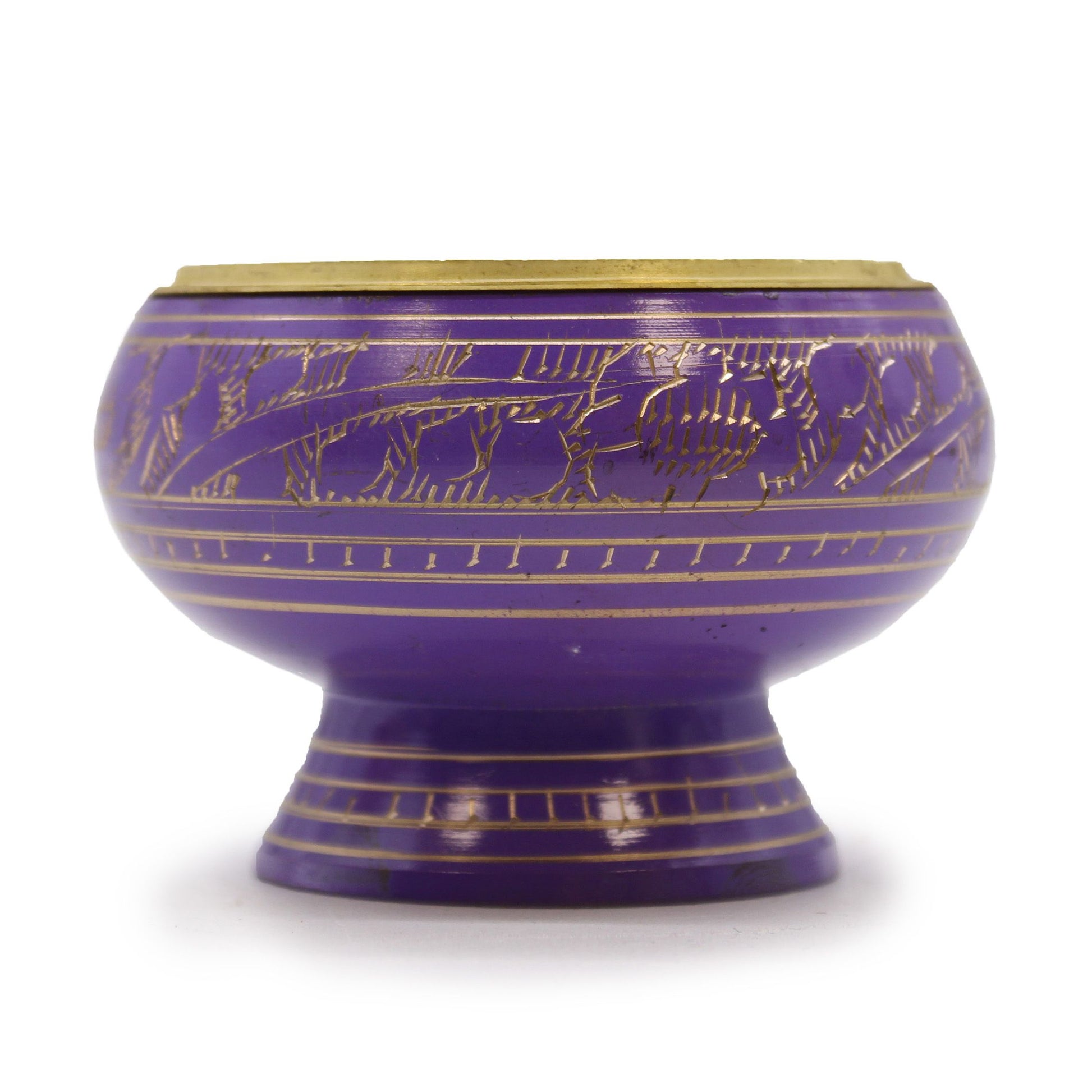 Handmade tall purple incense jar with gold patterns and a high base, designed for charcoal and resin burning.