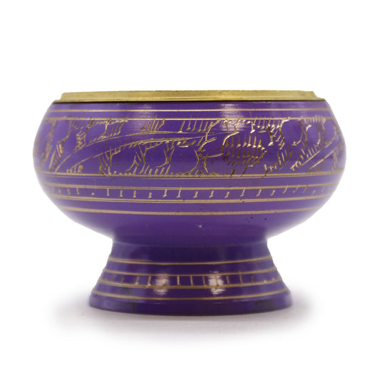 Handmade tall purple incense jar with gold patterns and a high base, designed for charcoal and resin burning.
