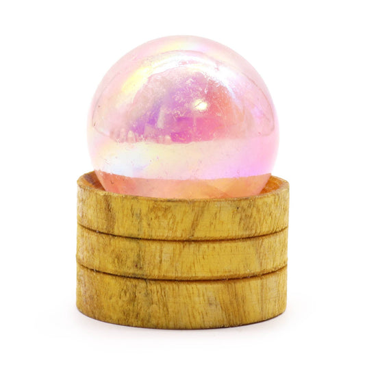 Iridescent 40mm pink rose quartz sphere with a metallic titanium aura finish resting on a small clear display stand.