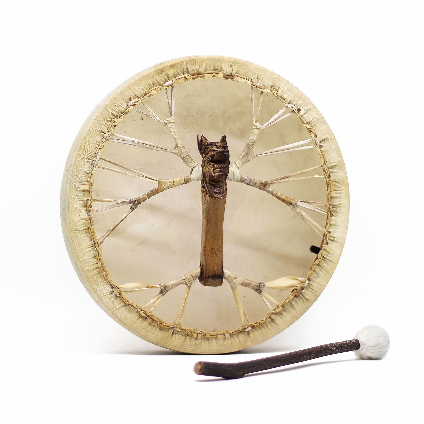 Handcrafted 40cm shamanic frame drum with a natural goatskin head and detailed dragon artwork on a wooden frame.