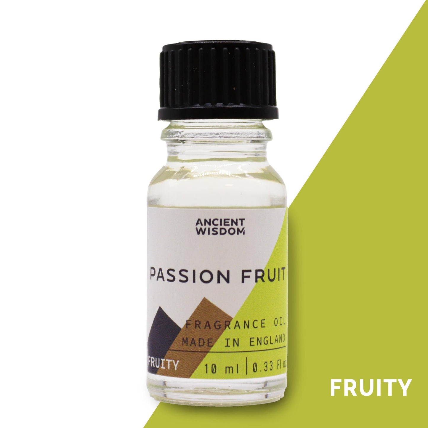 Small amber glass bottle of passion fruit fragrance oil with a black dropper cap on a plain background.
