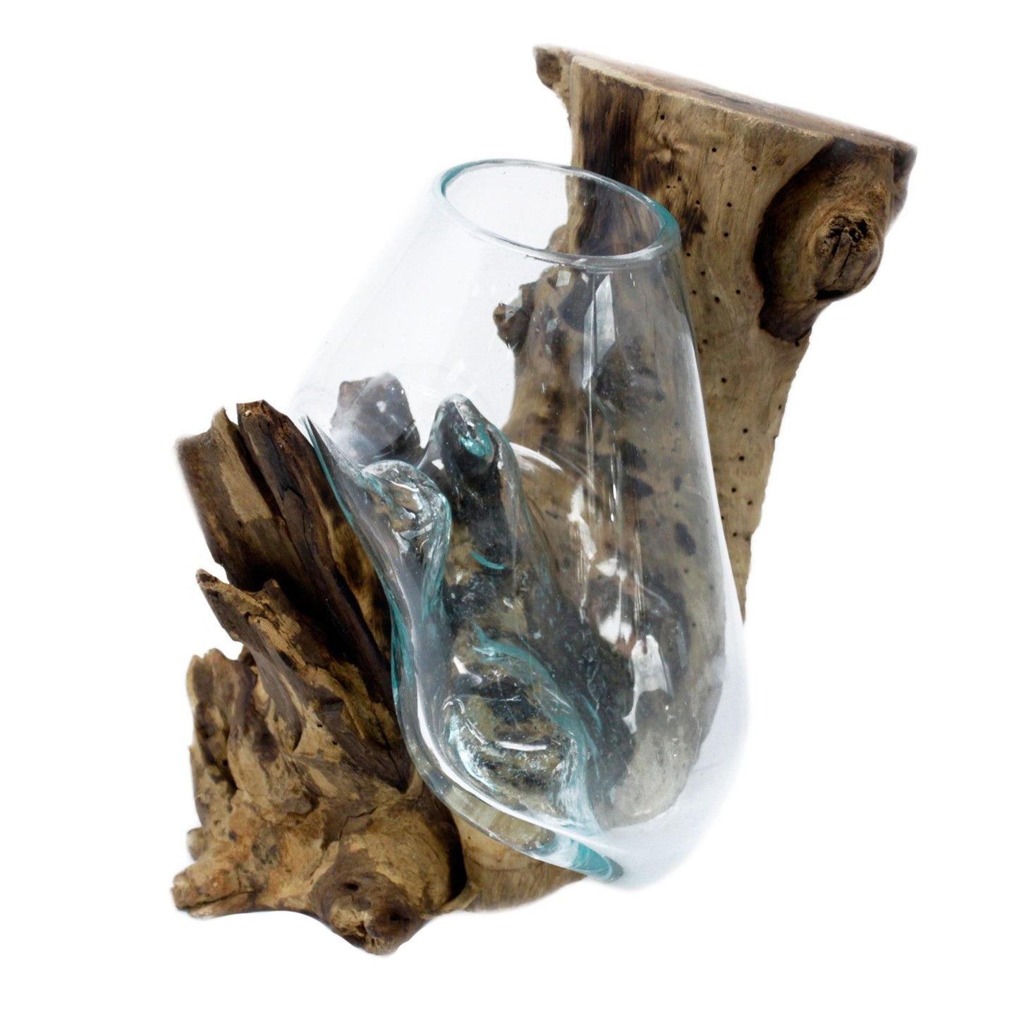 Unique handmade molten glass bowl draped over a natural wood base and suspended by sturdy hanging ropes.