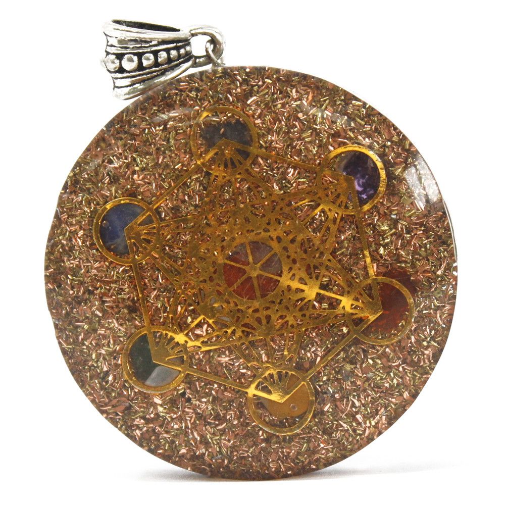 Large circular orgonite pendant featuring colourful layered chakra gemstone chips, copper coils, and metal filings.