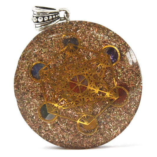 Large circular orgonite pendant featuring colourful layered chakra gemstone chips, copper coils, and metal filings.