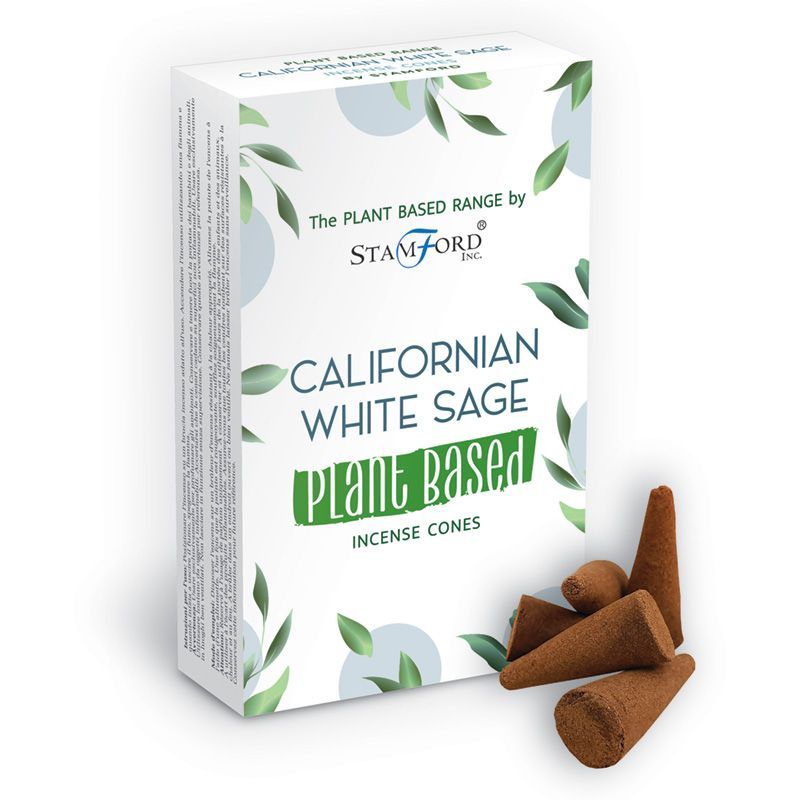 Handcrafted plant-based incense cones scented with Californian white sage on a neutral background.