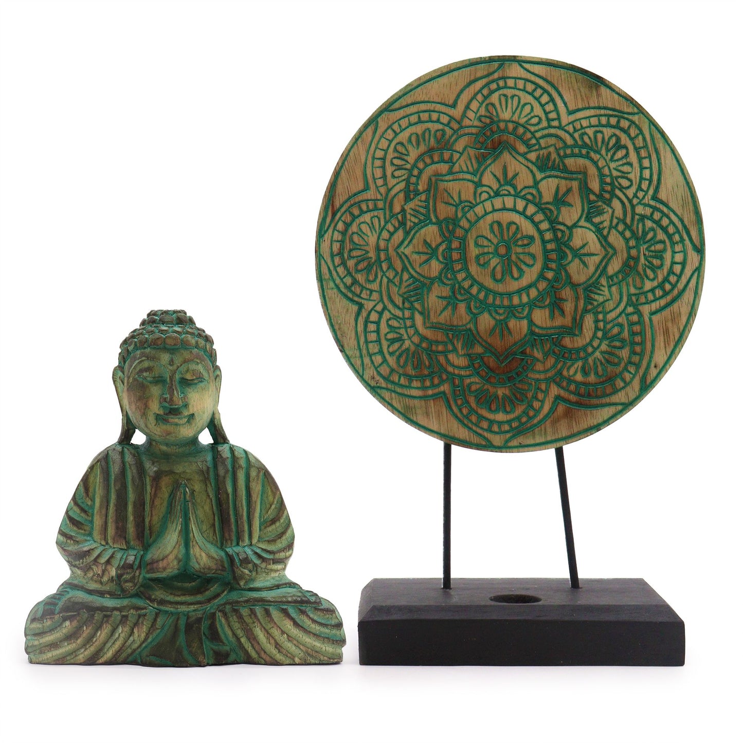 Serene green Buddha figurine set featuring an intricate Buddha knot design for spiritual home decor.