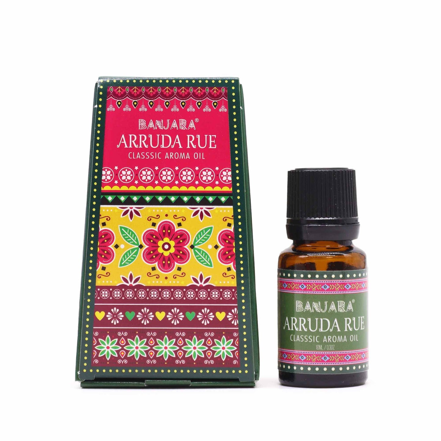 10ml amber glass bottle of Arruda Rue fragrance oil with a decorative label featuring blue flowers.