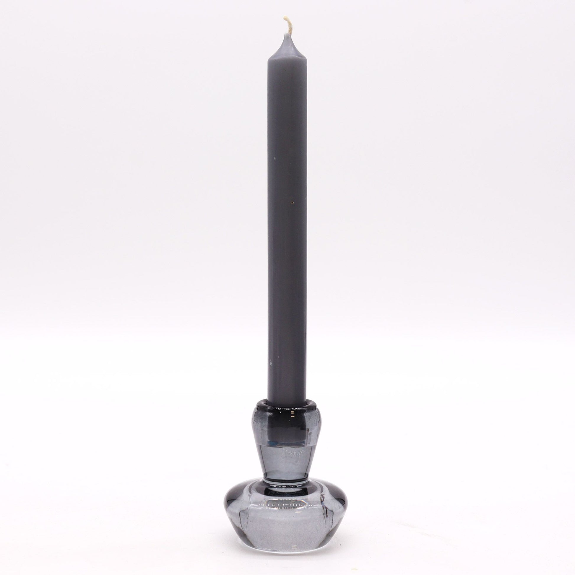 Elegant midnight grey glass mushroom-shaped candle holder designed for both dinner candles and tealights.