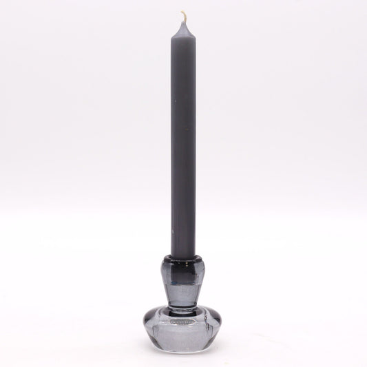 Elegant midnight grey glass mushroom-shaped candle holder designed for both dinner candles and tealights.